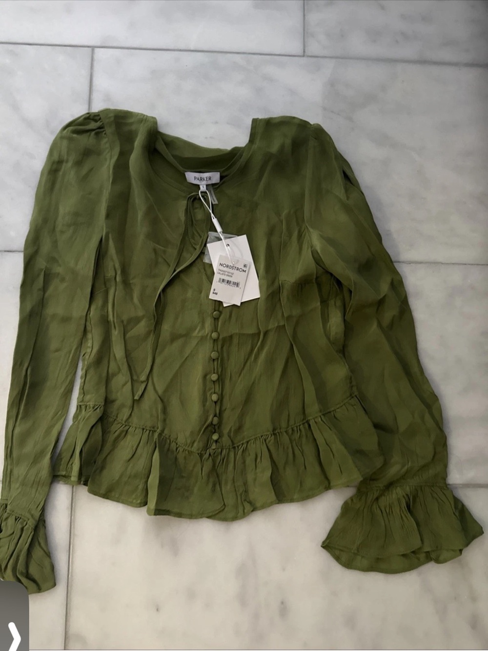Parker Olive Green Ruffle-Trim Button Front Blouse